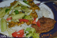 boiled rice, Gram lentil, Kebabs (Shami kebab), Ice berg Salad